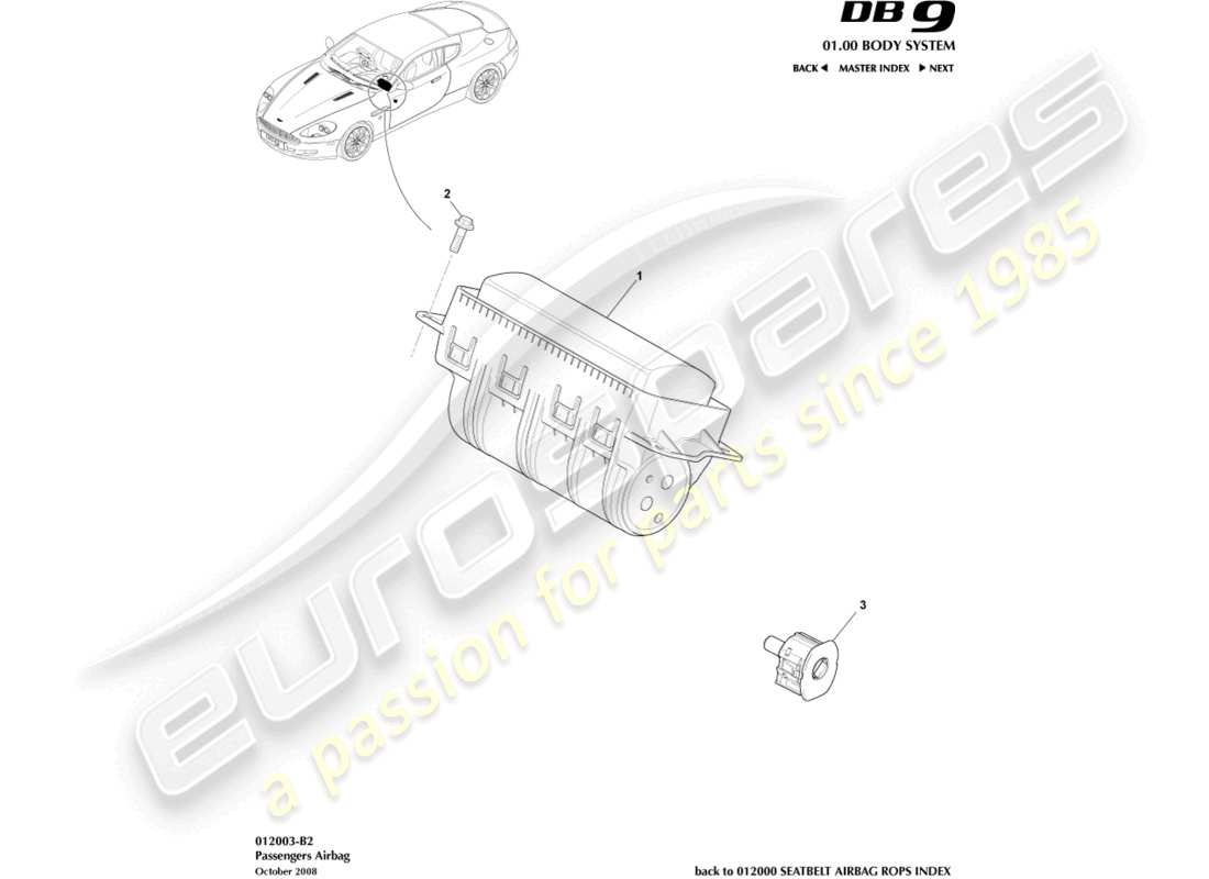 aston martin db9 (2008) airbag del passeggero diagramma delle parti