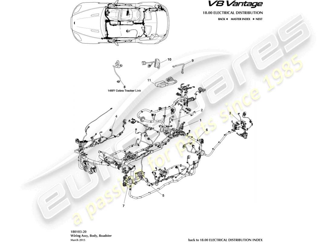 aston martin v8 vantage (2012) imbracatura per il corpo, diagramma delle parti della roadster