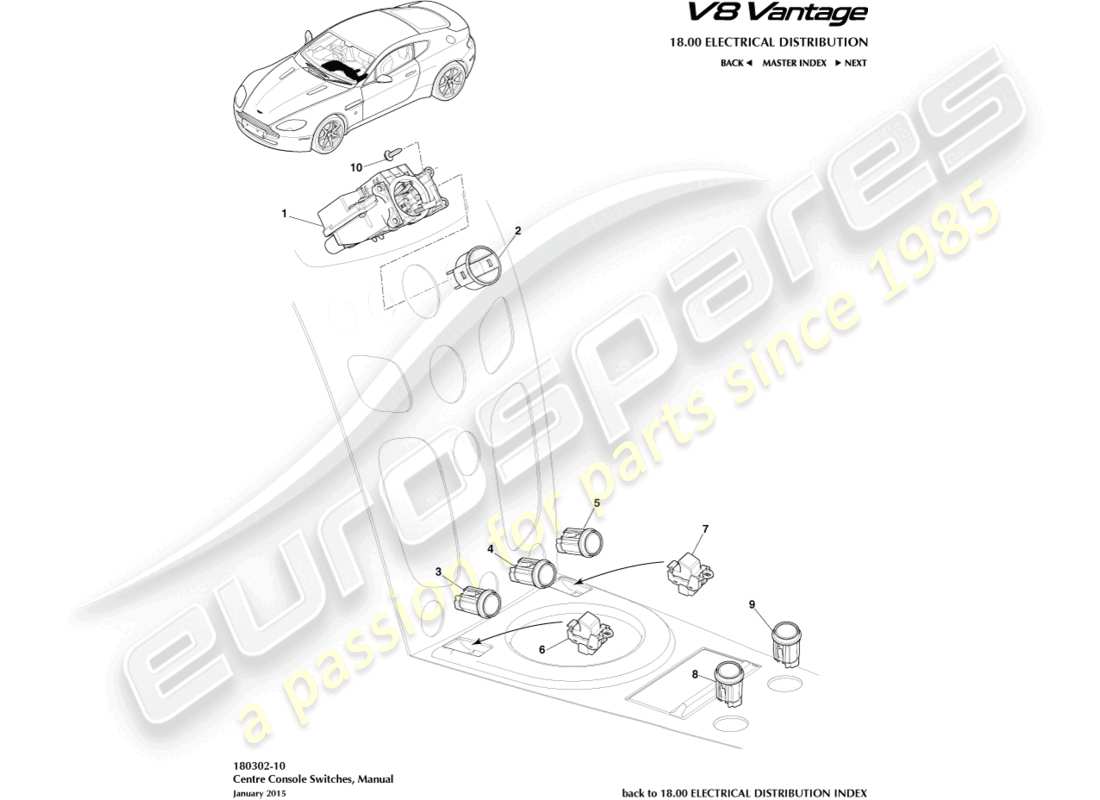 aston martin v8 vantage (2012) interruttori della pila centrale, manuale, diagramma delle parti 16my