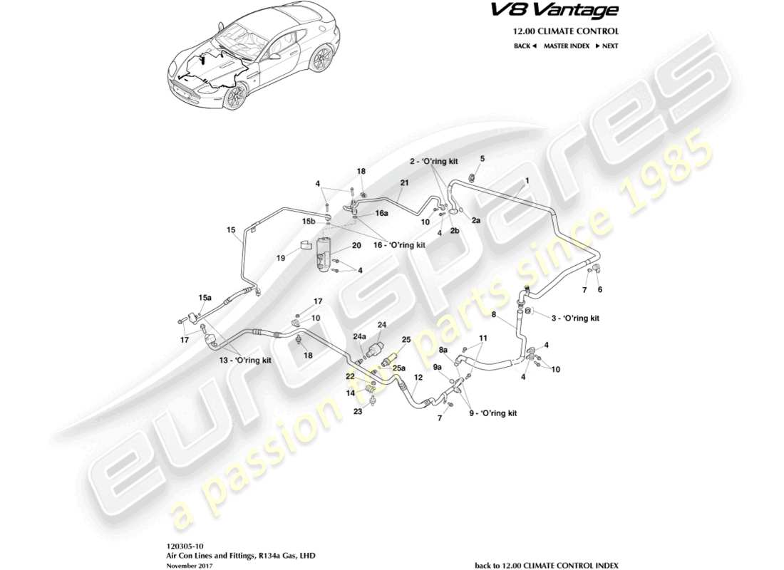 aston martin v8 vantage (2012) diagramma delle parti linee aria condizionata, gas r134a, guida a sinistra