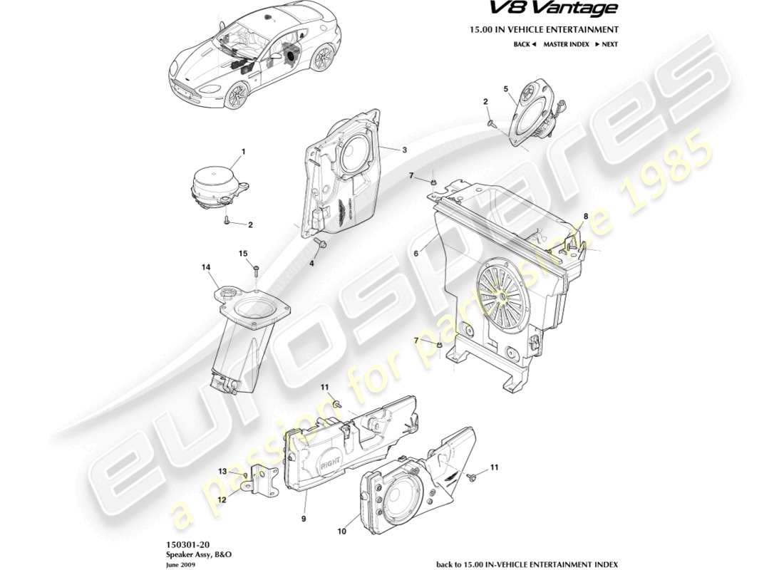 aston martin v8 vantage (2012) altoparlante, diagramma delle parti b&o
