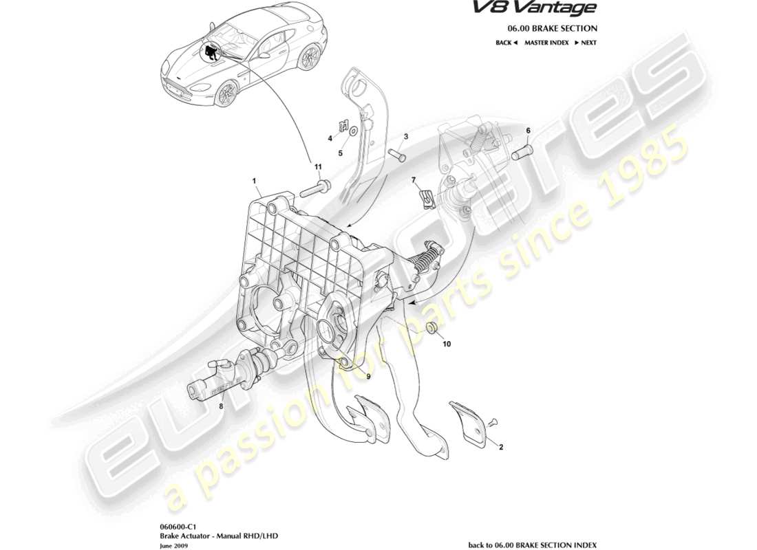 aston martin v8 vantage (2006) gruppo attuatore freno, diagramma delle parti del manuale