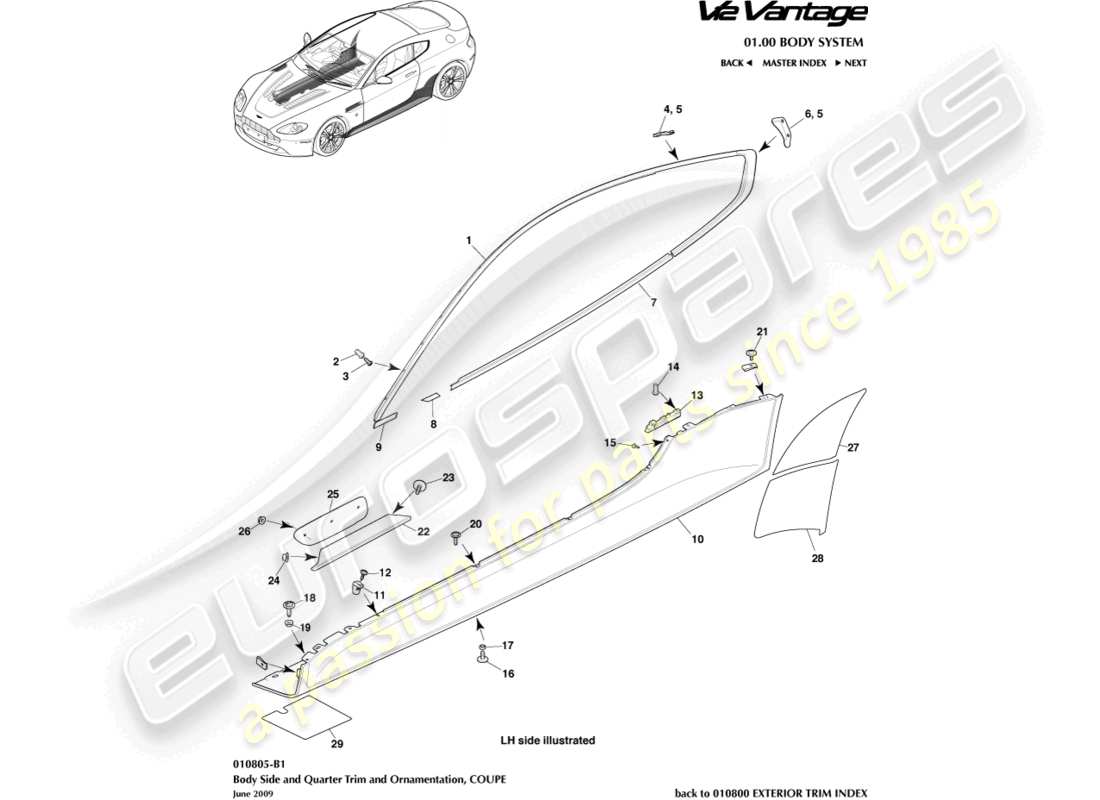 aston martin v12 vantage (2013) schema della parte della carrozzeria e del quarto, diagramma delle parti della coupé
