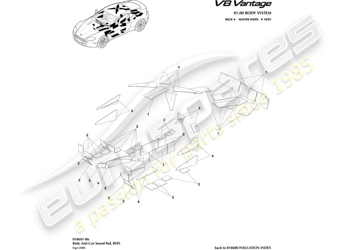 aston martin v8 vantage (2006) cuscinetti sonori anti-can, diagramma delle parti con guida a destra