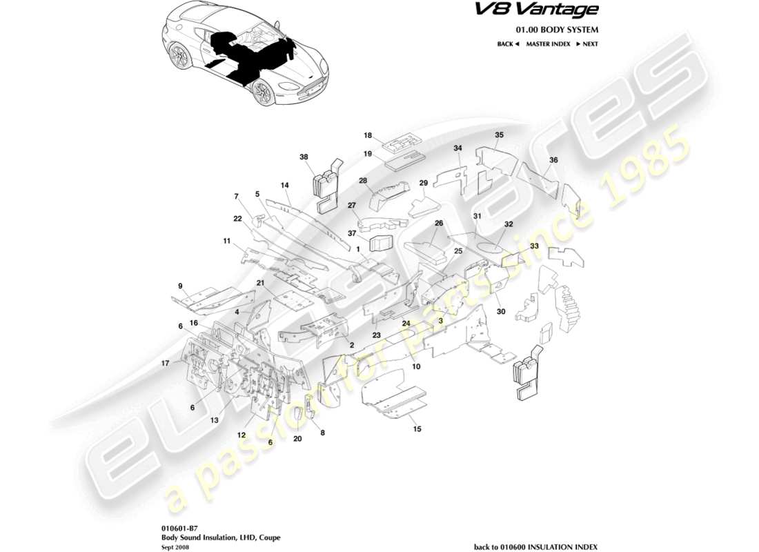 aston martin v8 vantage (2006) isolamento carrozzeria, diagramma delle parti con guida a sinistra