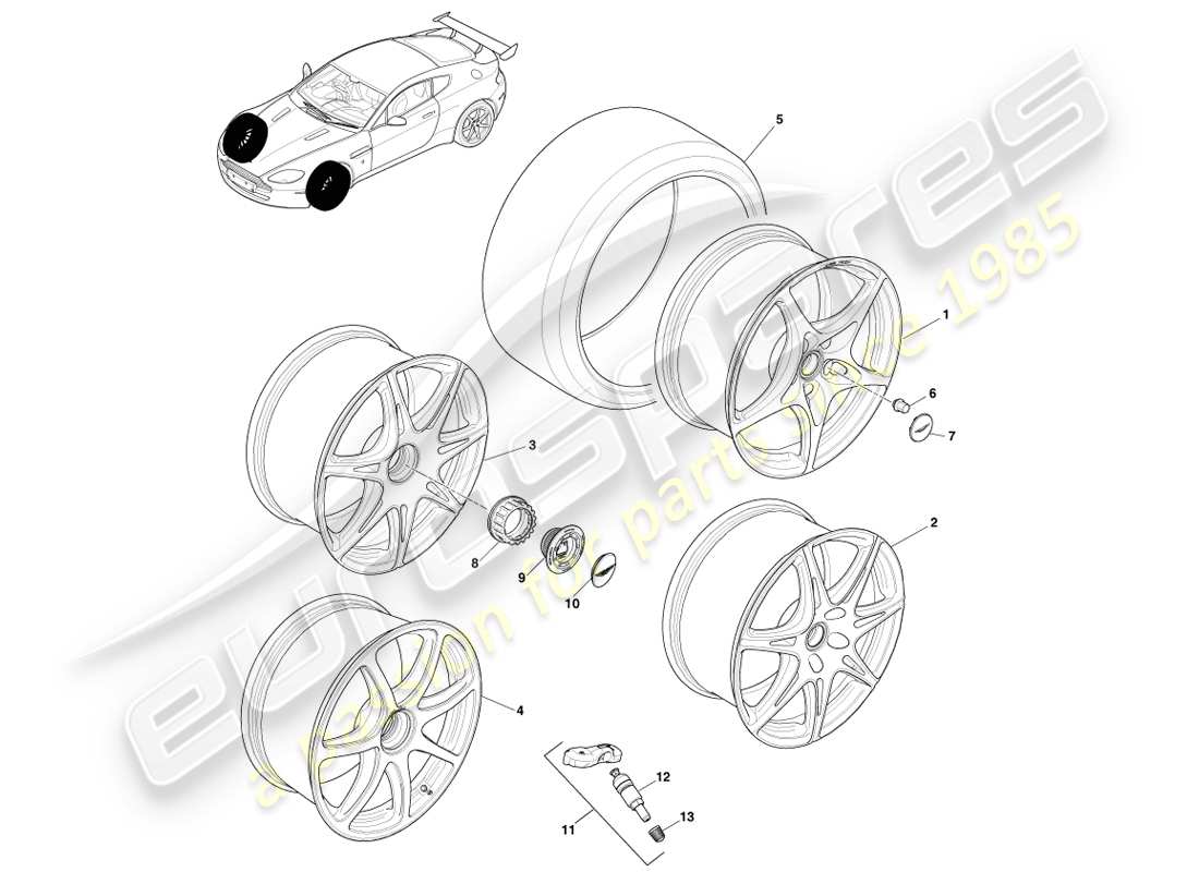 aston martin v8 vantage (2005) ruote e pneumatici anteriori, diagramma delle parti gt8