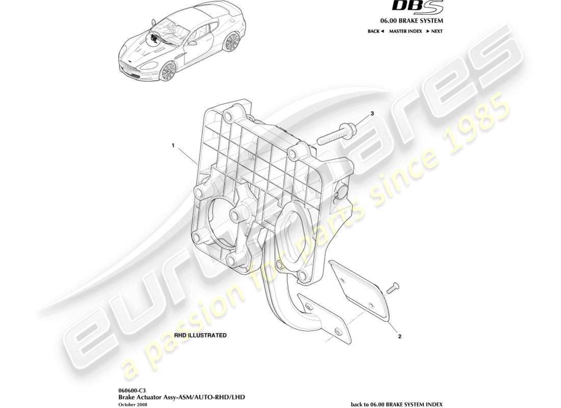 aston martin dbs (2009) gruppo attuatore freno, diagramma delle parti del manuale