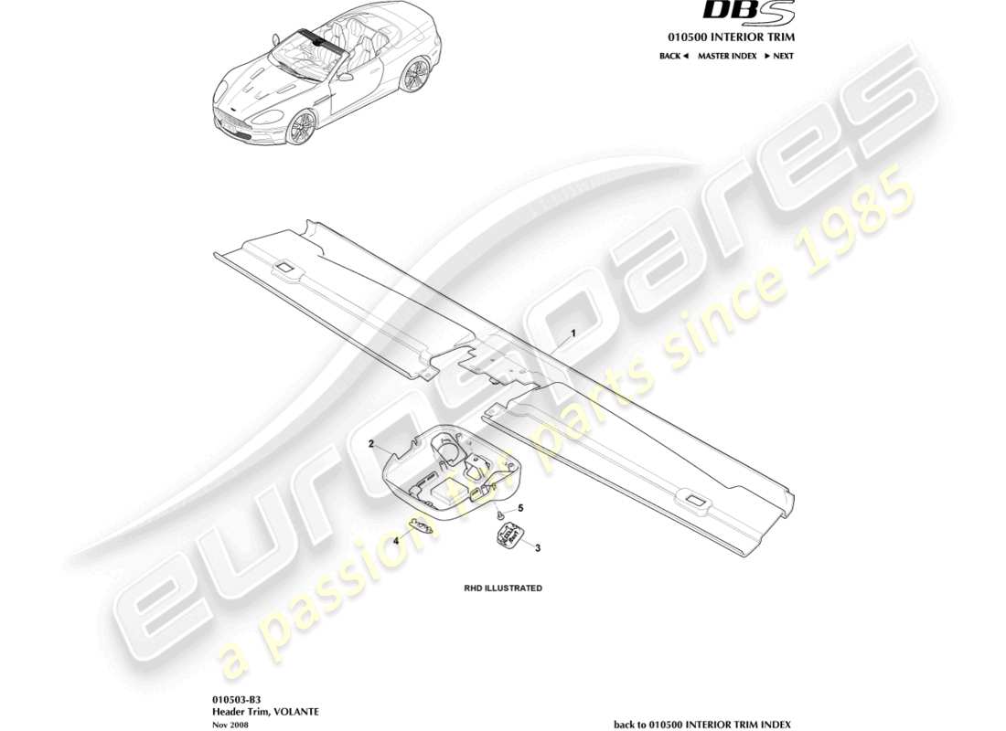 aston martin dbs (2010) kopfverkleidung, volante teilediagramm