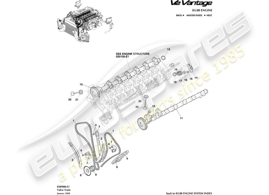 aston martin v12 vantage (2010) diagramma delle parti del treno di valvole