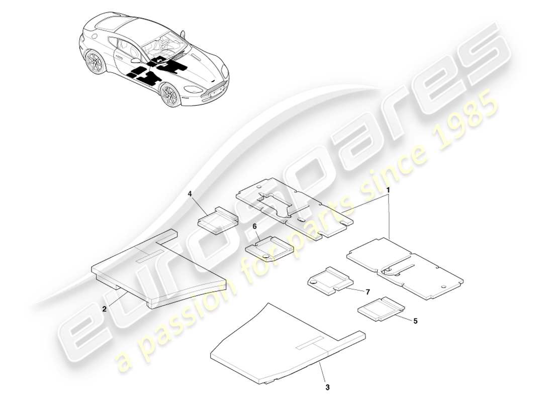 aston martin v8 vantage (2005) isolamento acustico del pavimento, diagramma delle parti con guida a sinistra