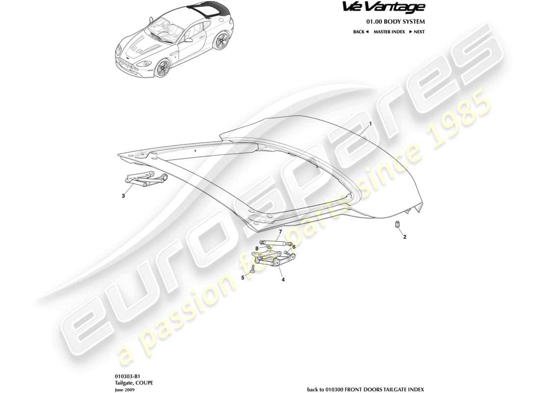 aston martin v12 vantage (2013) portellone posteriore, diagramma delle parti della coupé