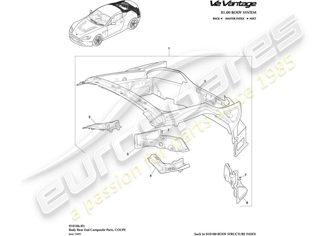 aston martin v12 vantage (2010) parte posteriore della carrozzeria in composito, diagramma delle parti coupé