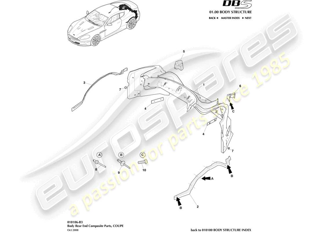 aston martin dbs (2007) karosserie-heckteil aus verbundwerkstoff, coupé teilediagramm
