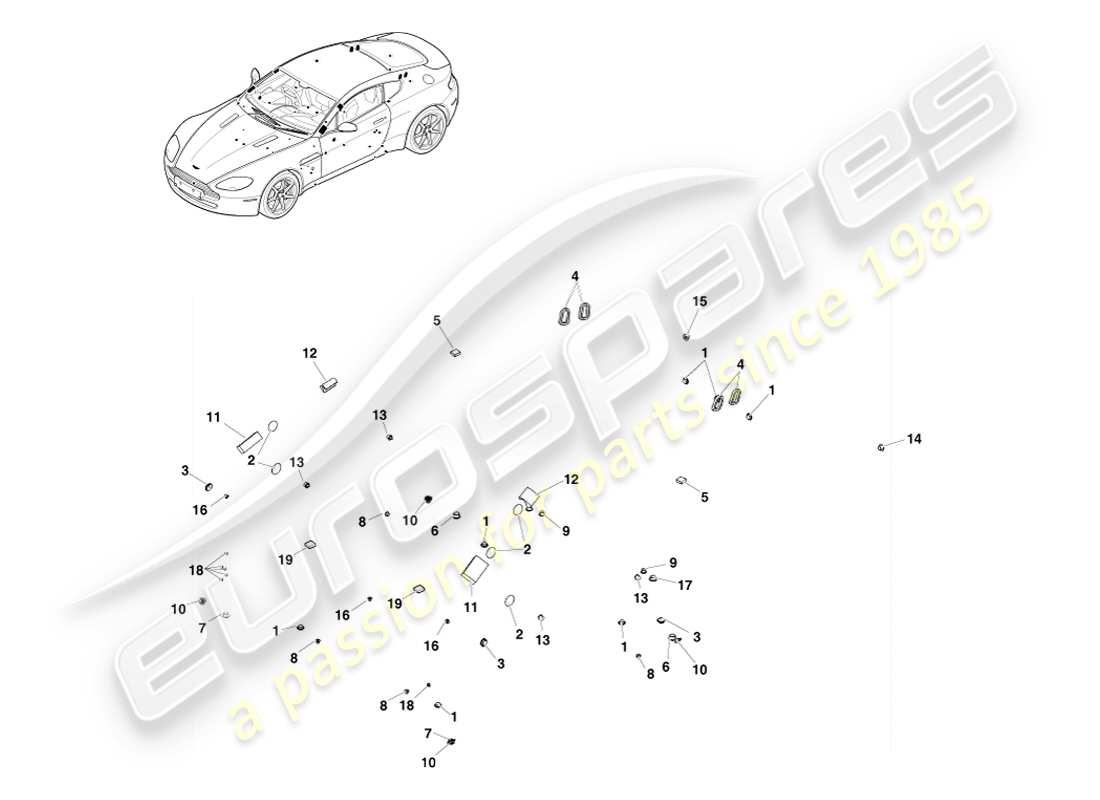 aston martin v8 vantage (2005) tenuta morbida, diagramma delle parti del coupé