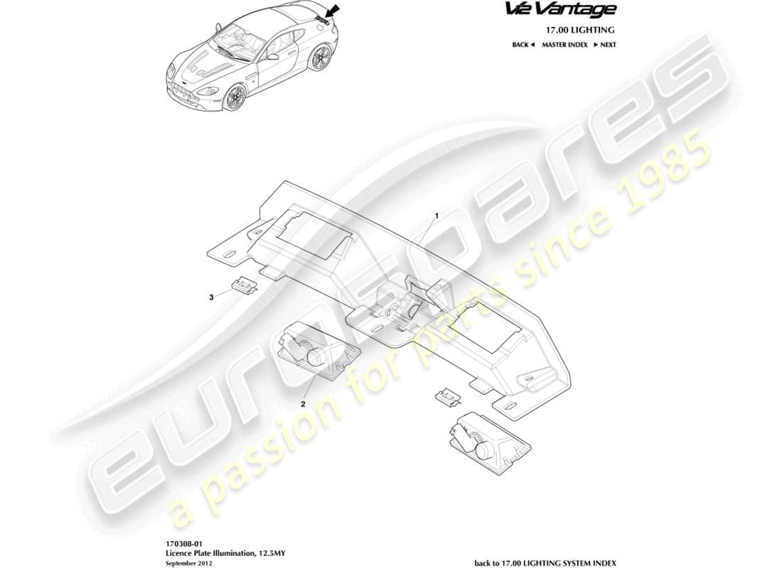 aston martin v12 vantage (2010) luci targa, diagramma delle parti 12.5my