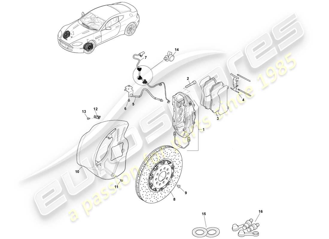 aston martin v8 vantage (2005) schema delle parti del sistema frenante anteriore