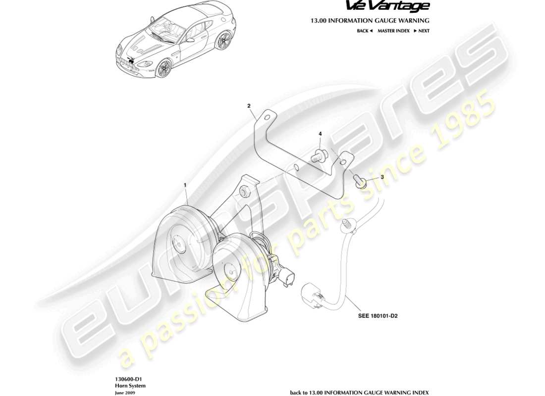 aston martin v12 vantage (2010) diagramma delle parti del sistema clacson