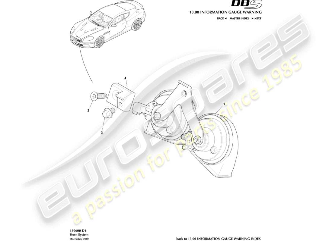 aston martin dbs (2007) sistema del corno diagramma delle parti