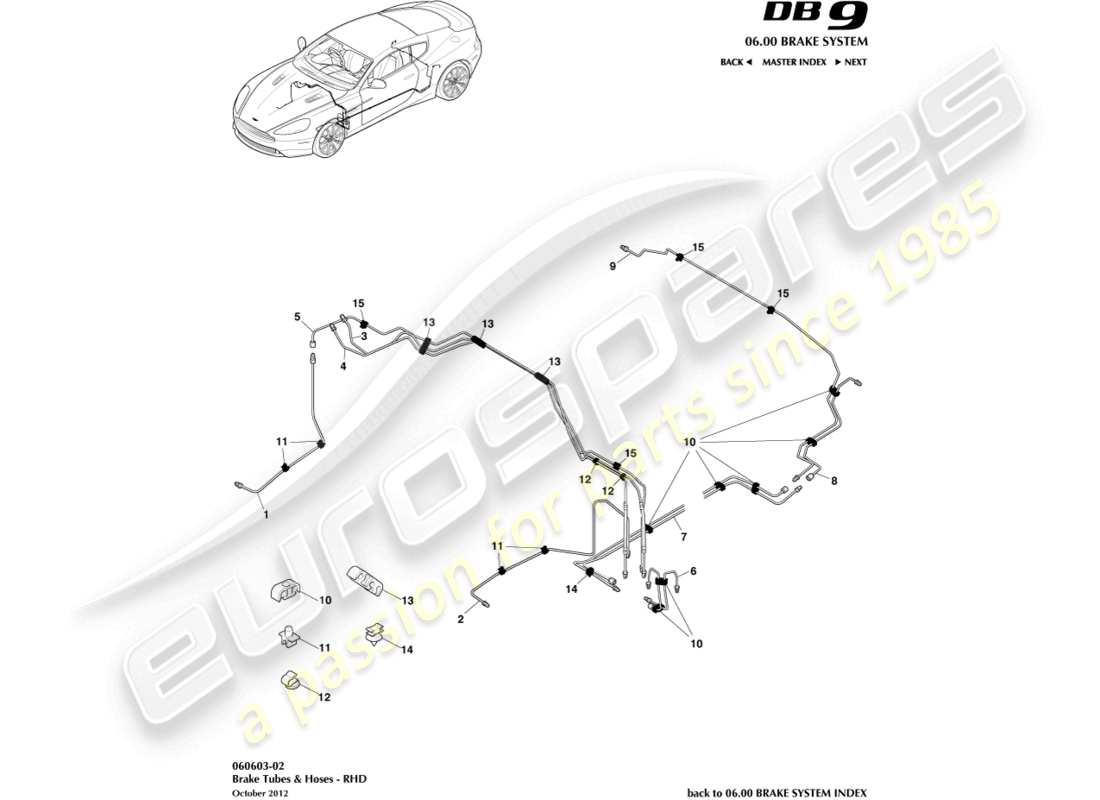 aston martin db9 (2017) tubi e tubi flessibili dei freni, guida a destra diagramma delle parti