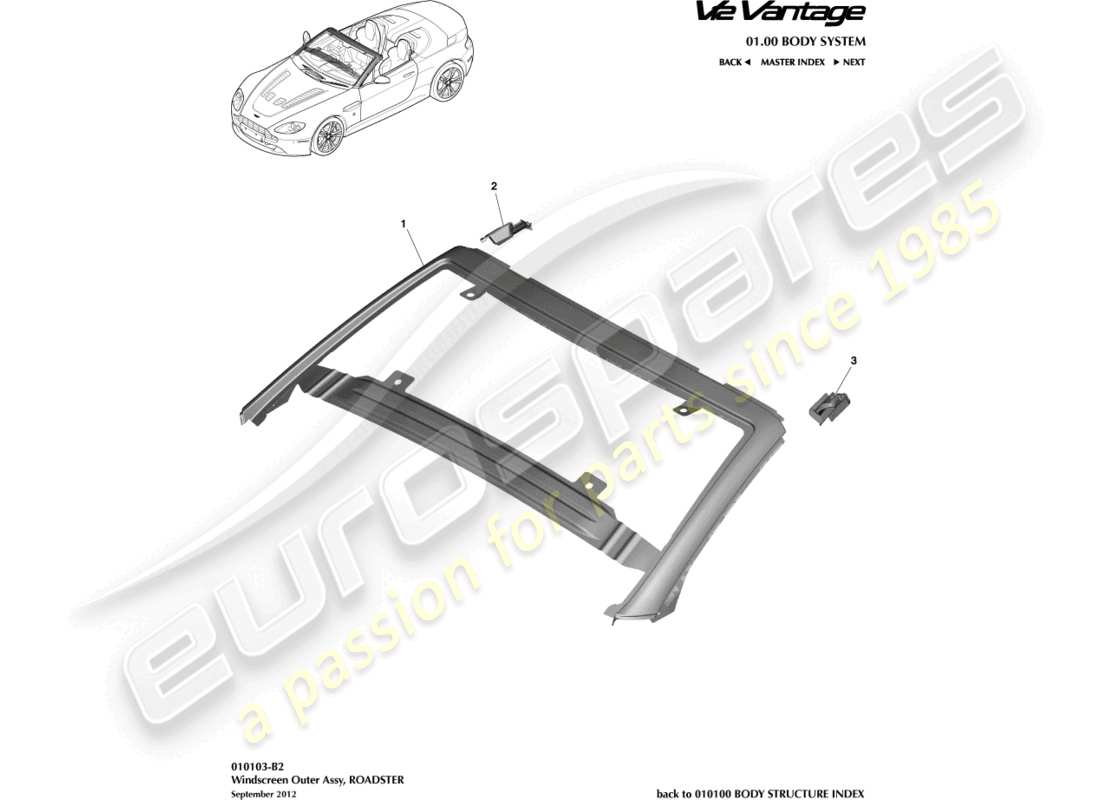 aston martin v12 vantage (2010) schema delle parti del parabrezza, esterno, roadster