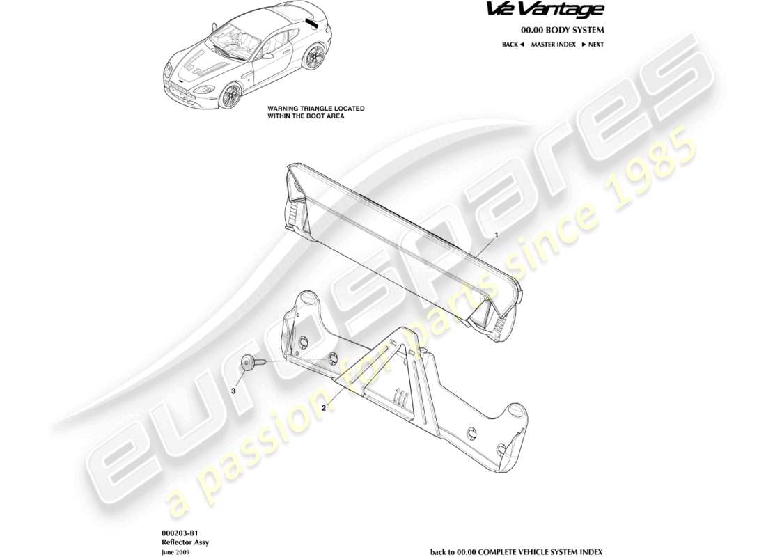 aston martin v12 vantage (2010) diagramma delle parti del catarifrangente di segnalazione pericolo