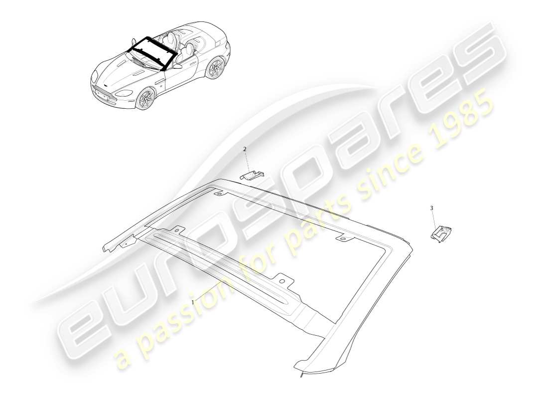 aston martin v8 vantage (2005) schema delle parti del parabrezza, esterno e roadster