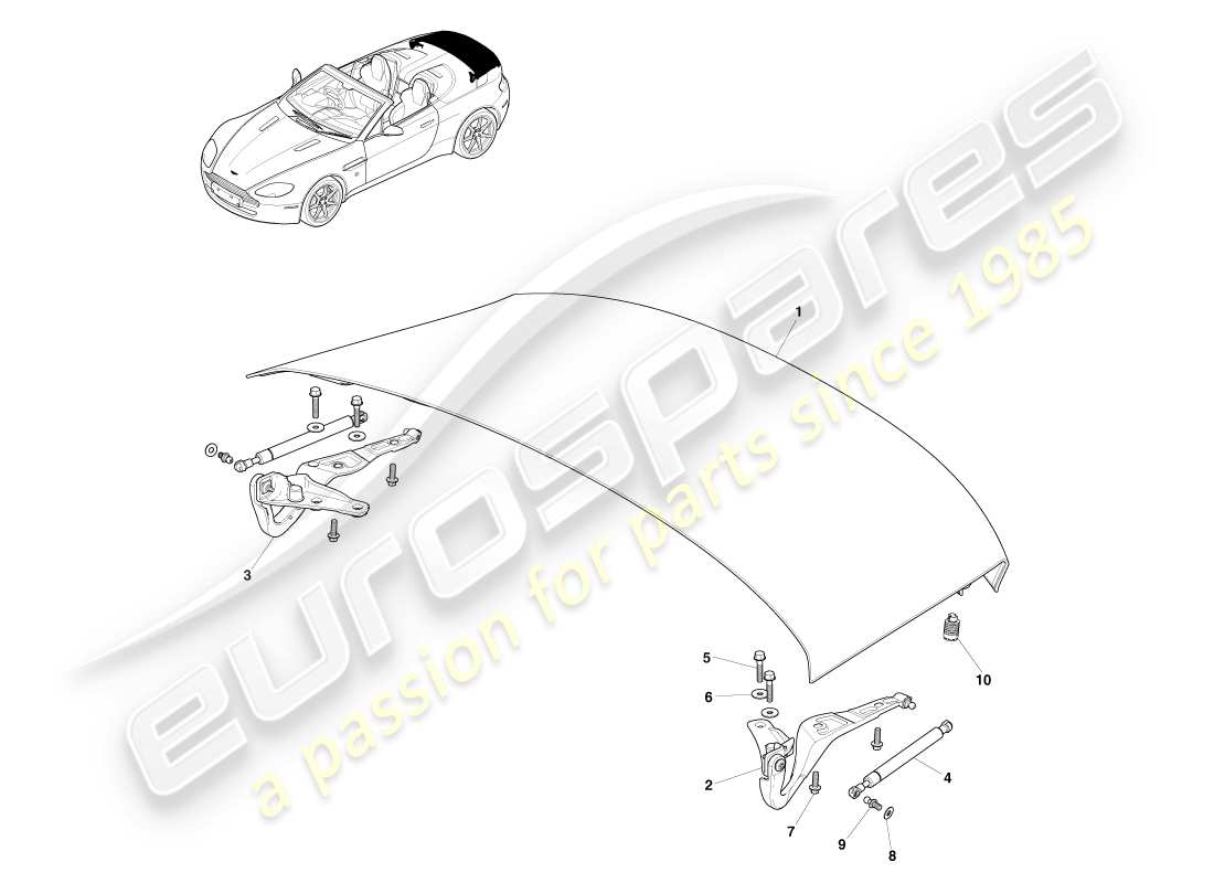 aston martin v8 vantage (2005) coperchio del ponte, diagramma delle parti della roadster