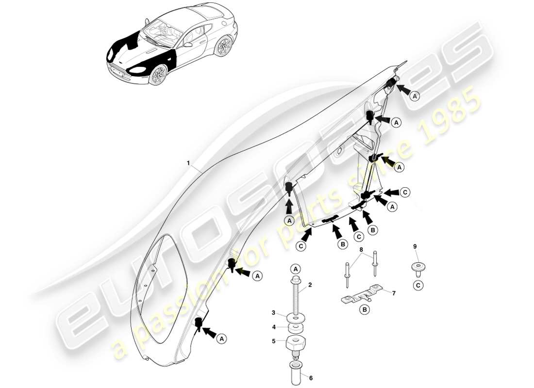 aston martin v8 vantage (2005) schema delle parti del gruppo ala anteriore