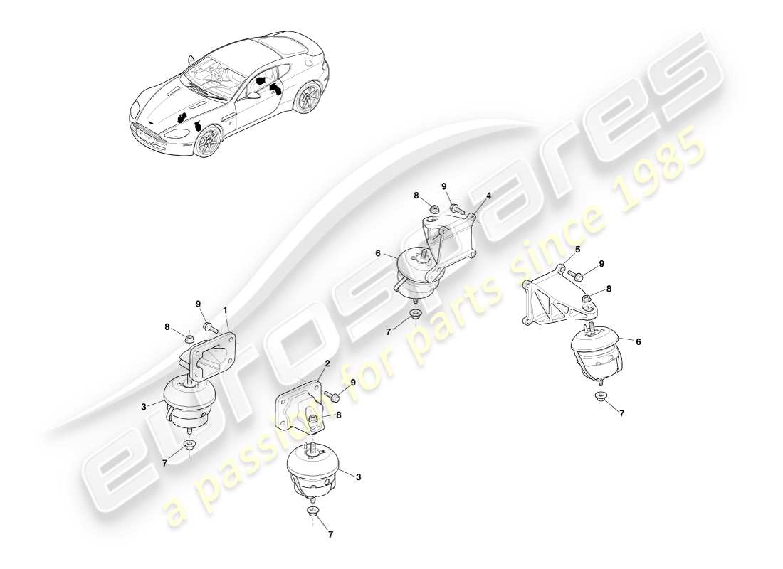 aston martin v8 vantage (2005) diagramma delle parti dei supporti del motore