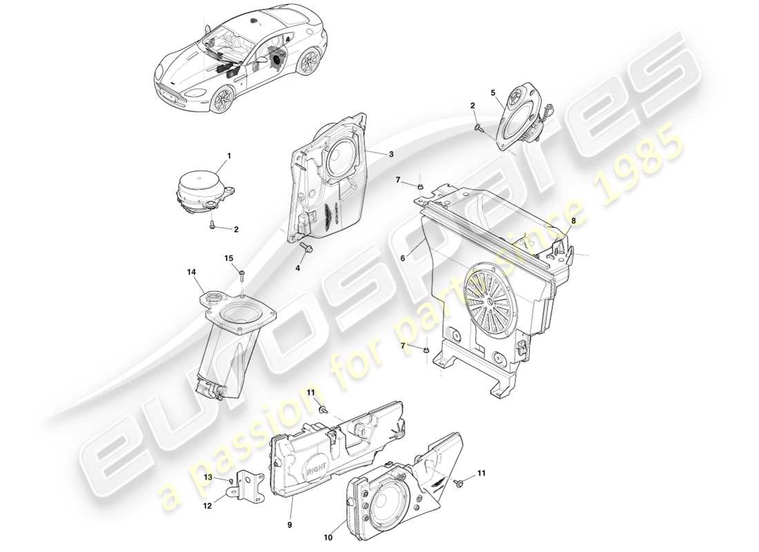 aston martin v8 vantage (2005) altoparlante, diagramma delle parti b&o