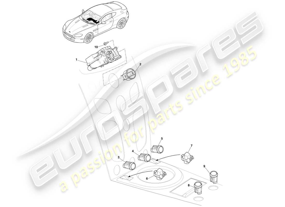 aston martin v8 vantage (2005) interruttori della pila centrale, manuale, diagramma delle parti 16my