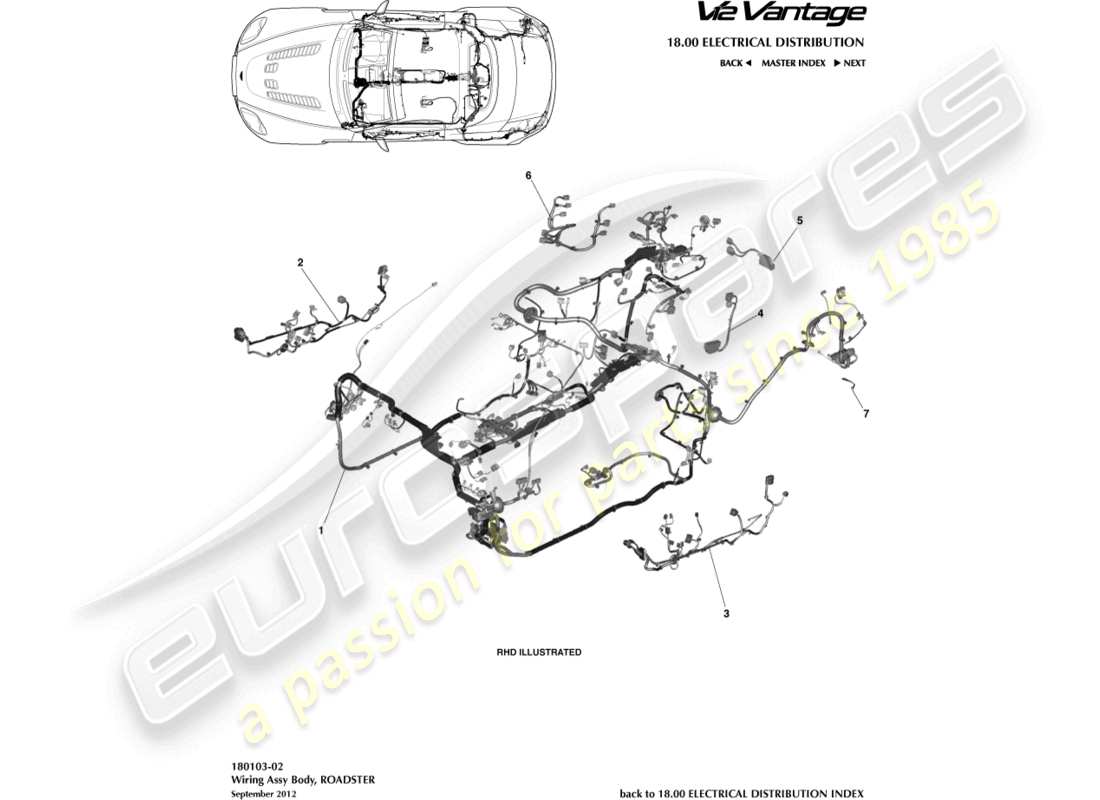 aston martin v12 vantage (2010) imbracatura per il corpo, diagramma delle parti della roadster