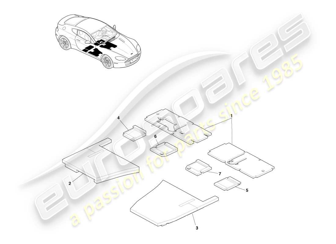 aston martin v8 vantage (2007) isolamento acustico del pavimento, diagramma delle parti con guida a sinistra
