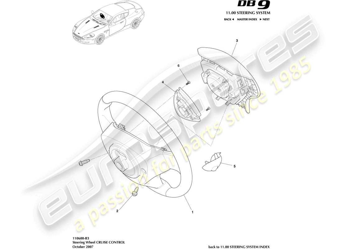 aston martin db9 (2005) schema delle parti volante e controllo della velocità di crociera