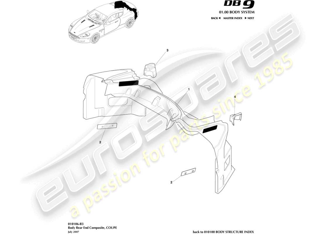 aston martin db9 (2005) carrozzeria parte posteriore in materiale composito, coupé diagramma delle parti