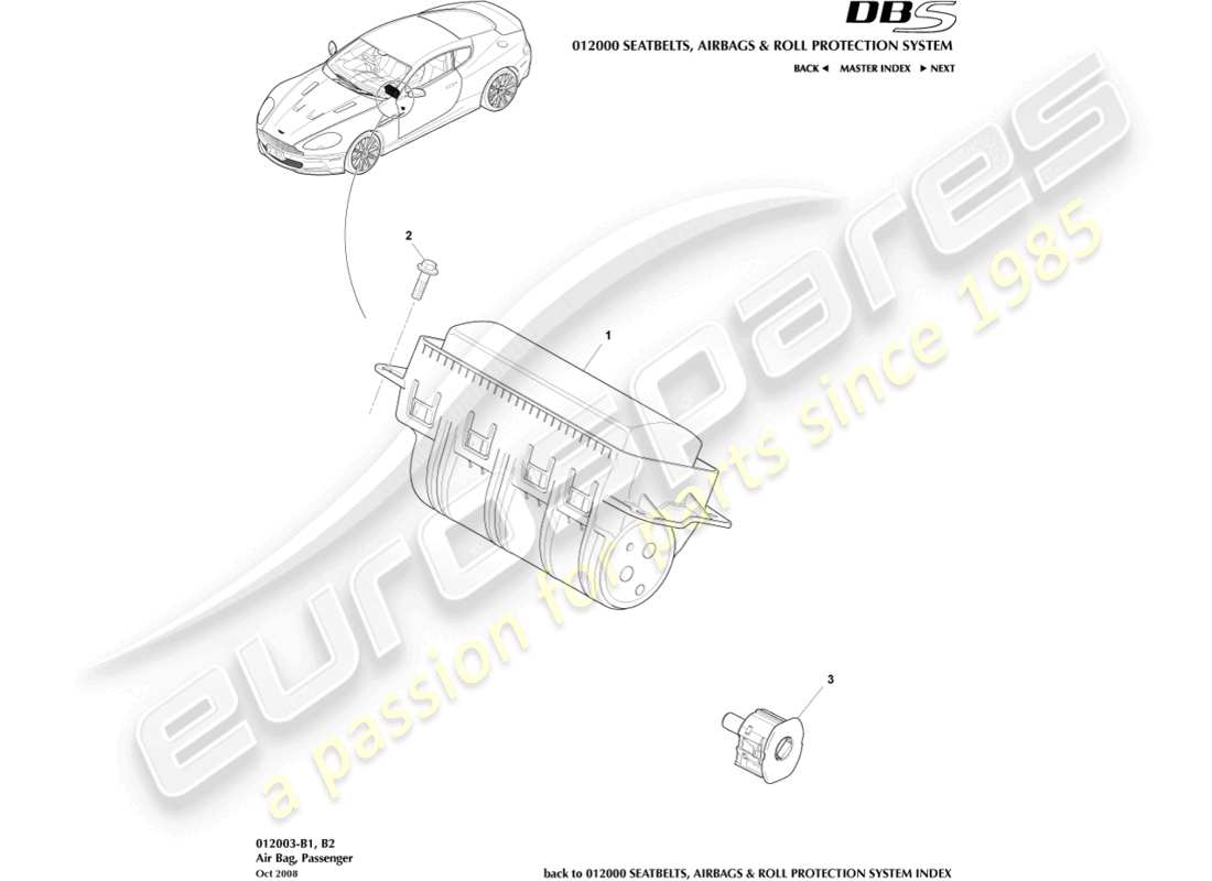 aston martin dbs (2007) airbag del passeggero diagramma delle parti