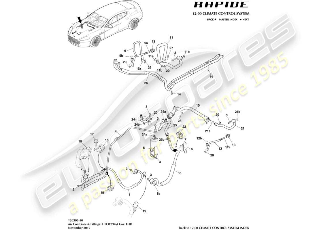 aston martin rapide (2010) linee dell'aria condizionata, hfo1234yf, diagramma delle parti con guida a sinistra