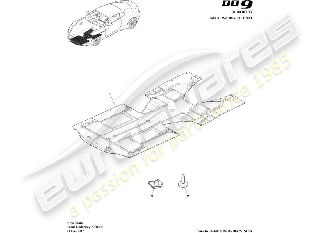 aston martin db9 (2014) sottoscocca anteriore, diagramma delle parti della coupé