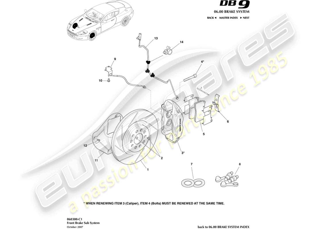 aston martin db9 (2005) vorderes bremssystem teilediagramm