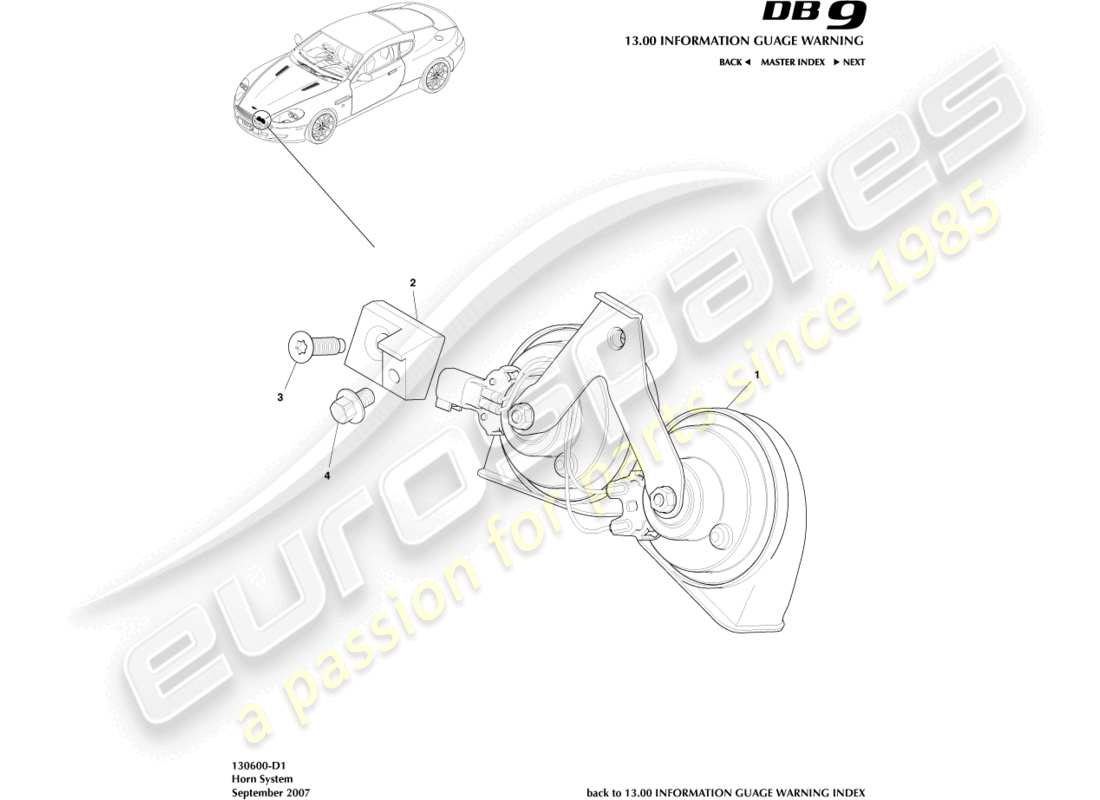 aston martin db9 (2005) sistema del corno diagramma delle parti