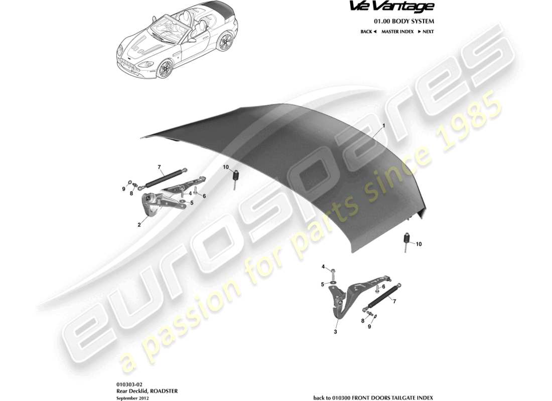 aston martin v12 vantage (2013) coperchio del ponte, diagramma delle parti della roadster