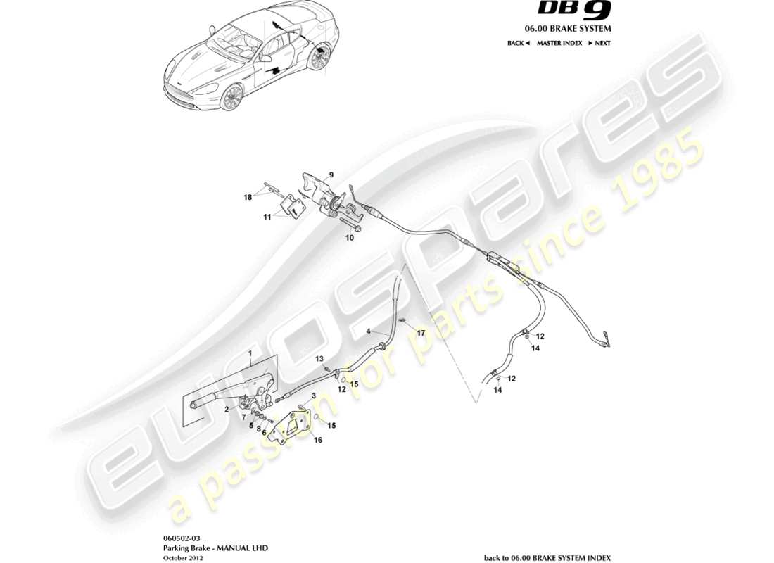 aston martin db9 (2014) freno di stazionamento, schema delle parti con guida a sinistra