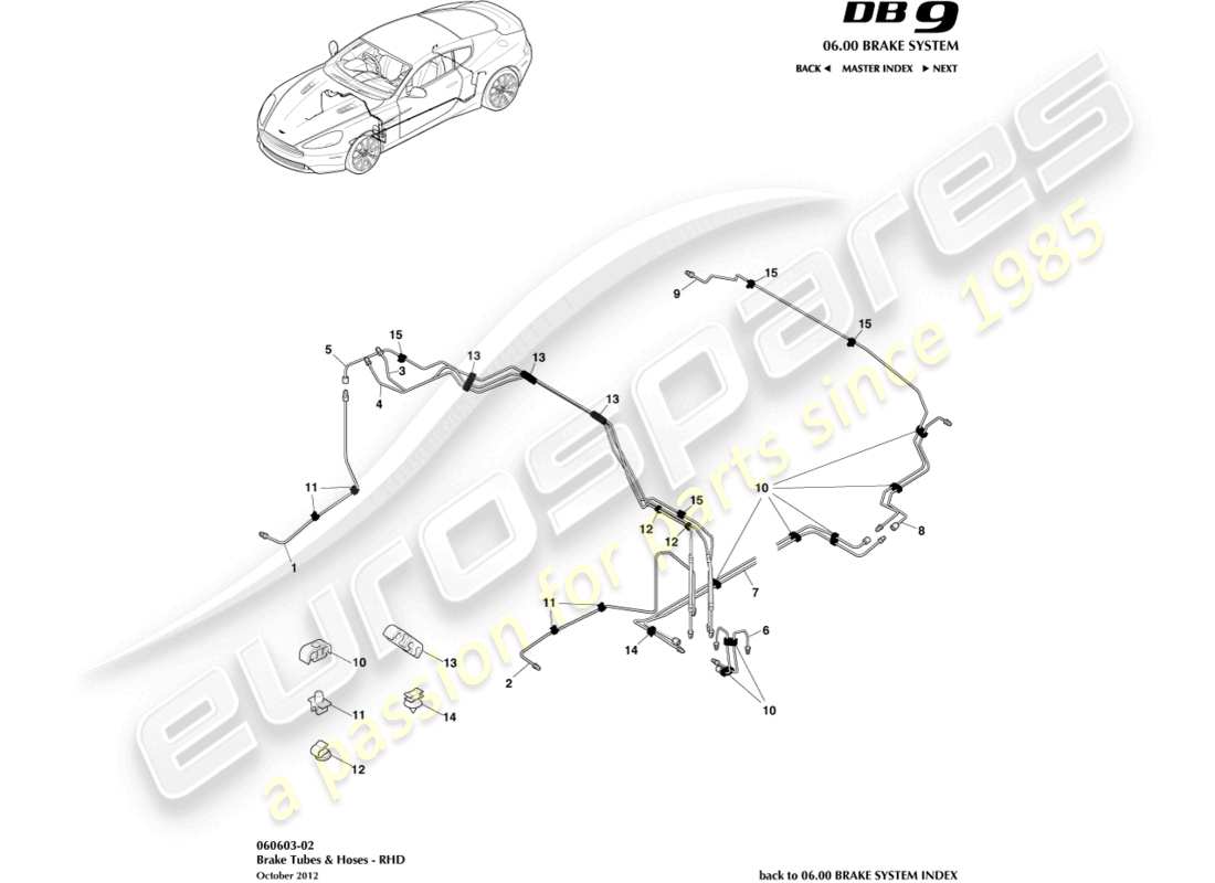 aston martin db9 (2014) diagramma delle parti di tubazioni e tubi flessibili dei freni, guida a destra