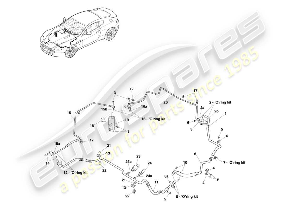aston martin v8 vantage (2007) linee di aria condizionata, gas r134a, diagramma delle parti con guida a destra