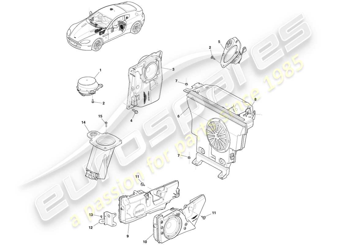 aston martin v8 vantage (2007) altoparlante, diagramma delle parti b&o