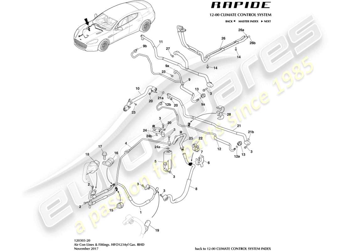 aston martin rapide (2017) linee dell'aria condizionata, hfo1234yf, diagramma delle parti con guida a destra