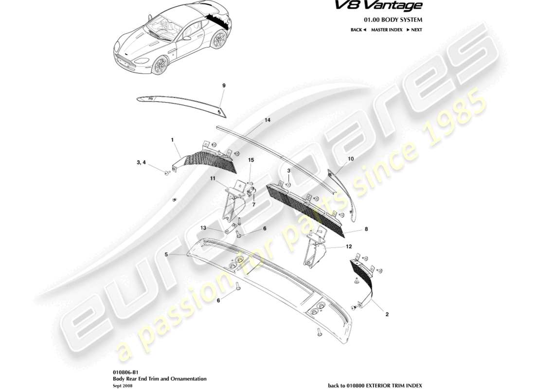 aston martin v8 vantage (2018) diagramma delle parti del rivestimento dell'estremità posteriore del corpo