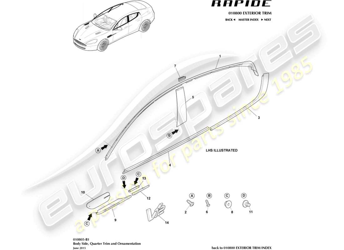 aston martin rapide (2014) karosserieseitenverkleidung teilediagramm