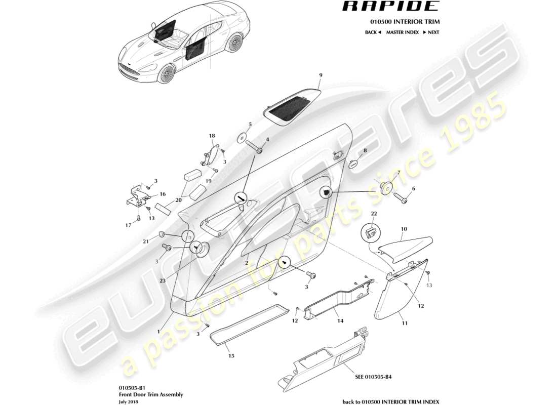 aston martin rapide (2012) pannello di rivestimento della porta anteriore diagramma delle parti