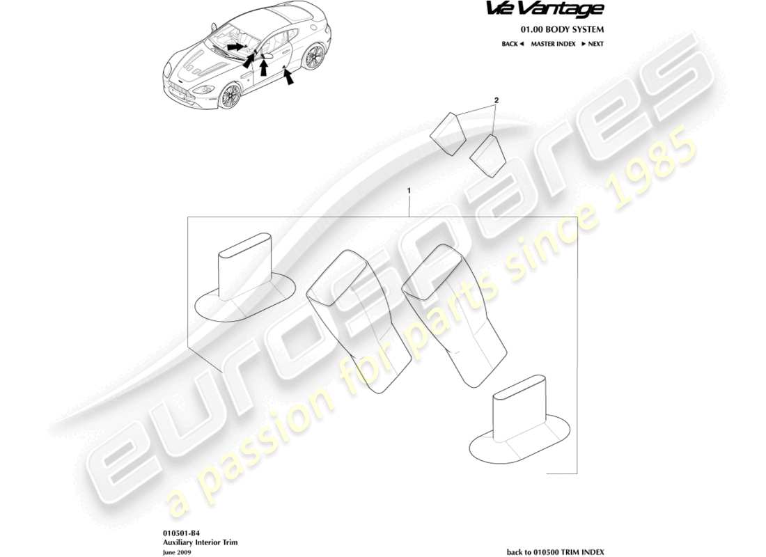 aston martin v12 vantage (2013) schema delle parti del rivestimento interno ausiliario